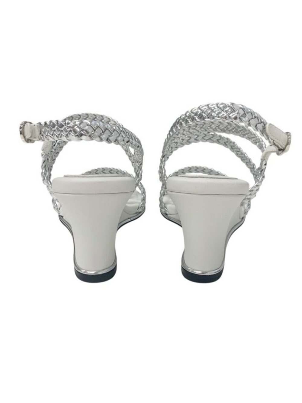 Chanel Sandals Shoes Leather Silver White Strap Braided Wedge Sole - Picture 5 of 9